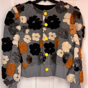 Gray 3D Floral Textured Cardigan Women’s XXL Cropped BOLD Chunky Knit Sweater